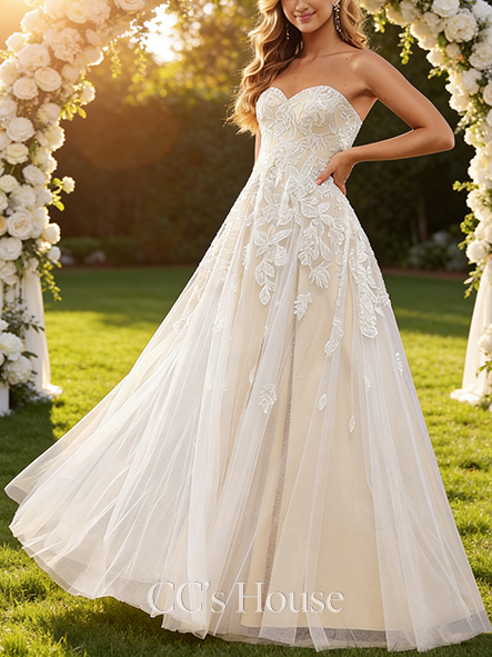 Elegant A-Line Sweetheart Wedding Dress - Floor-Length Lace with Sequin Detailing