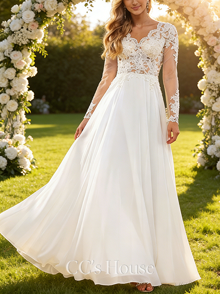 Elegant A-Line V-Neck Wedding Dress - Floor-Length Lace Chiffon with Sequin Detailing