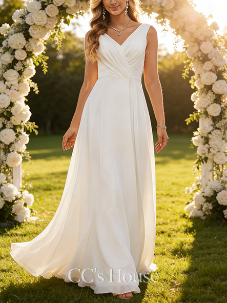 Elegant A-Line V-Neck Wedding Dress - Floor-Length Lace Chiffon Bridal Gown