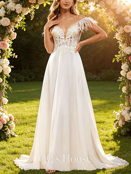 Elegant A-Line V-Neck Wedding Dress - Sweep Train Lace Chiffon with Faux Feather, Sequin & Beading Detailing