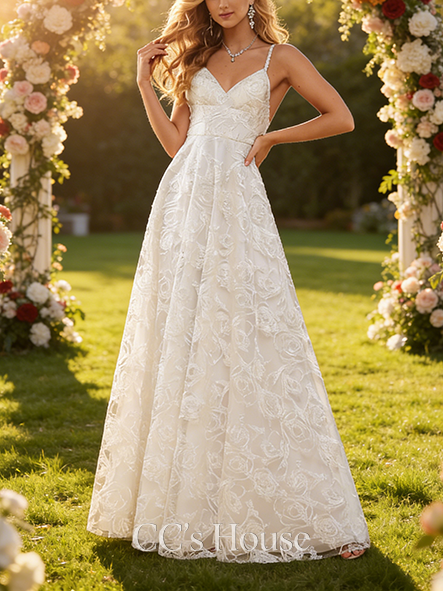 Elegant A-Line V-Neck Floor-Length Lace Wedding Dress Bridal Gown