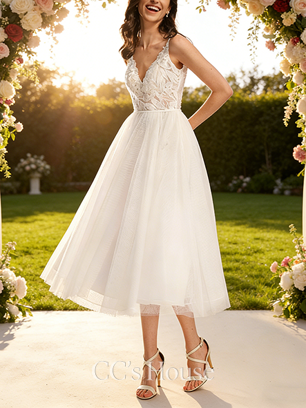 Elegant A-Line V-Neck Tea-Length Tulle Lace Bridal Wedding Dress