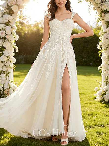 Elegant A-Line Off-the-Shoulder Sweep Train Tulle Lace Sequin Bridal Wedding Dress