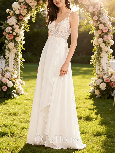 Elegant A-Line V-Neck Floor-Length Lace Chiffon Sequin Bridal Wedding Dress