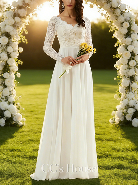 Elegant A-Line V-Neck Floor-Length Lace Chiffon Bridal Wedding Dress