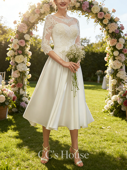 Elegant A-Line Illusion Tea-Length Satin Lace Bridal Wedding Dress