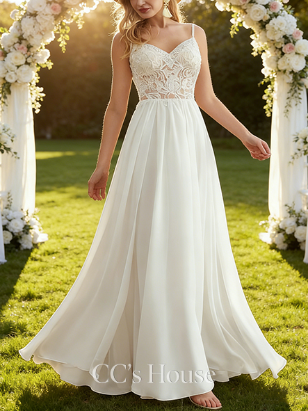 Elegant A-Line V-Neck Floor-Length Chiffon Lace Beaded Bridal Wedding Dress