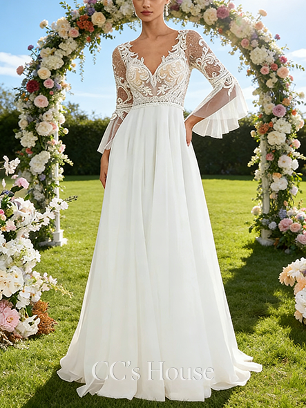 V-Neck A-Line Bridal Gown - Sweep Train Tulle Lace Wedding Dress Embellished with Sequins