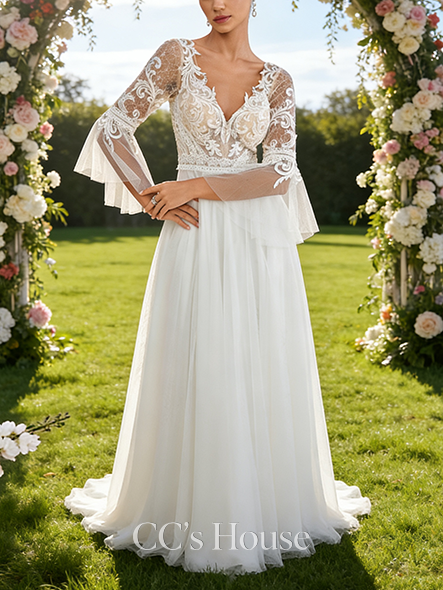 V-Neck A-Line Bridal Gown - Sweep Train Tulle Lace Wedding Dress Embellished with Sequins