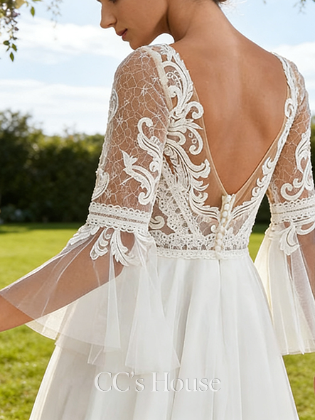 V-Neck A-Line Bridal Gown - Sweep Train Tulle Lace Wedding Dress Embellished with Sequins