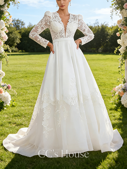 V-Neck A-Line Bridal Gown - Court Train Organza Satin Lace Wedding Dress with Sparkling Sequins