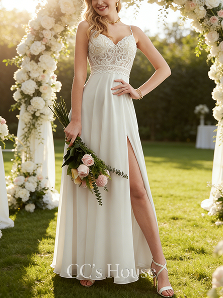 Elegant A-Line V-Neck Floor-Length Lace Chiffon Bridal Wedding Dress