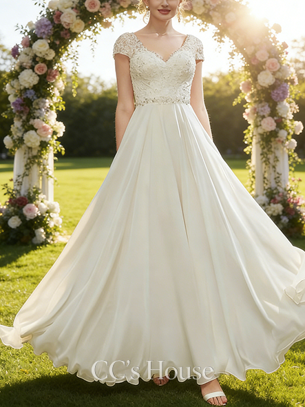 Elegant A-Line V-Neck Floor-Length Chiffon Lace Sequin Beaded Bridal Wedding Dress