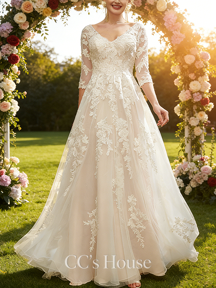 Elegant A-Line V-Neck Sweep Train Tulle Lace Sequin Bridal Wedding Dress