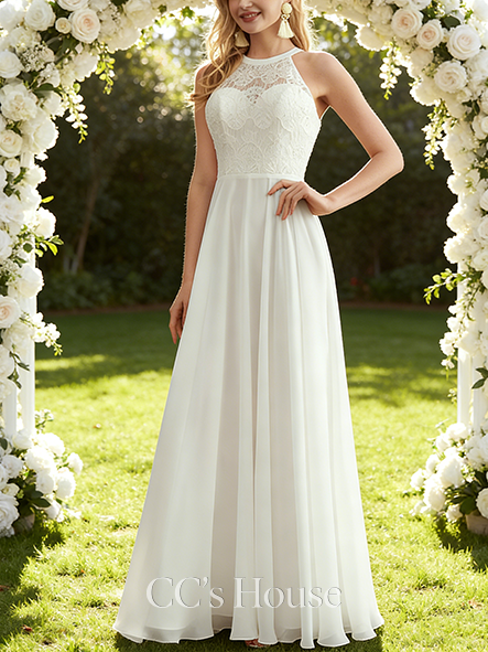Elegant A-Line Scoop Neck Floor-Length Lace Chiffon Bridal Wedding Dress