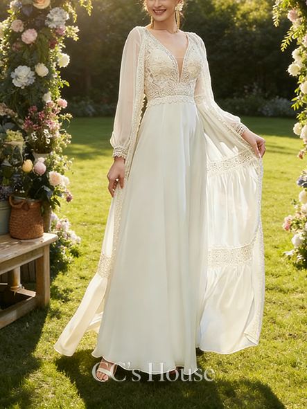 Elegant A-Line V-Neck Floor-Length Lace Chiffon Sequin Bridal Wedding DressҪ