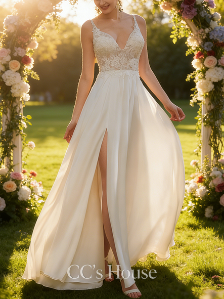A-line Elegant V-Neck Floor-Length Lace Chiffon Wedding Dress