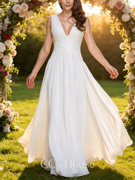 A-line Romantic V-Neck Floor-Length Pleated Chiffon Wedding Dress