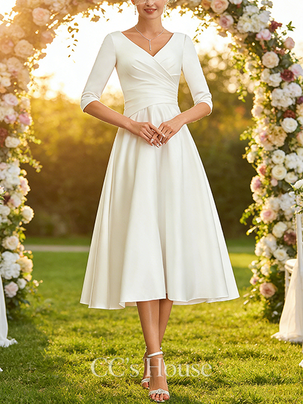 A-line Sophisticated V-Neck Tea-Length Satin Wedding Dress