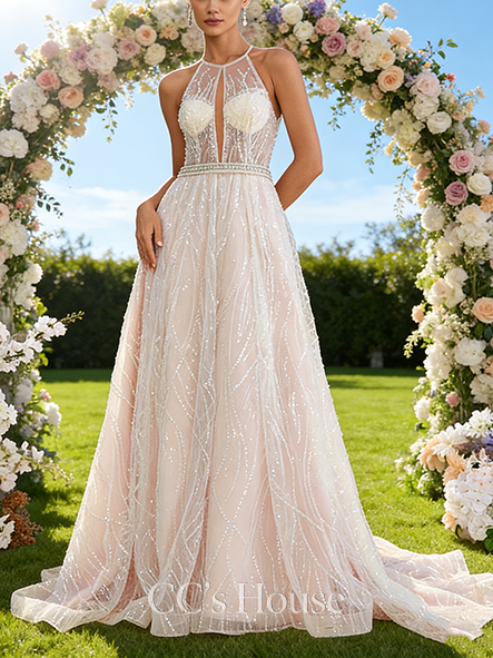 Halter Neck A-Line Bridal Gown - Court Train Lace Wedding Dress with Sparkling Sequins