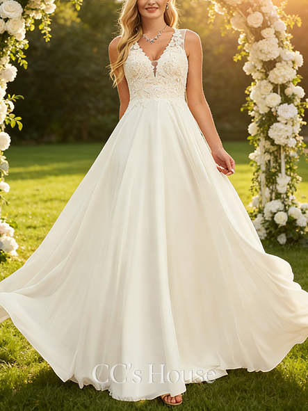 A-line Graceful V-Neck Sweep Train Lace Chiffon Wedding Dress