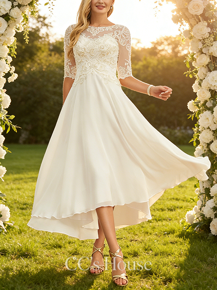 A-line Glistening Scoop Asymmetrical Chiffon Lace Wedding Dress With Sequins Beading