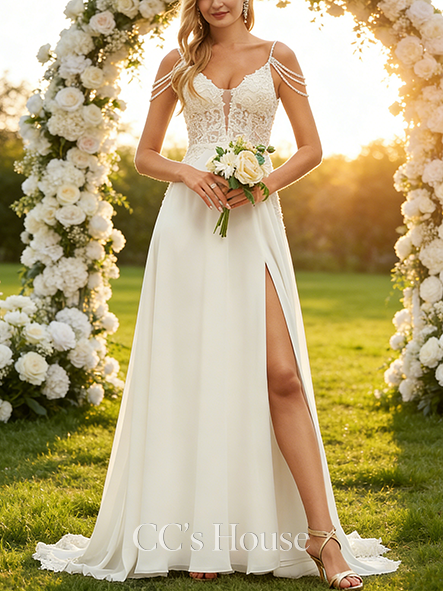 A-line Dazzling V-Neck Sweep Train Chiffon Lace Wedding Dress With Sequins Beading