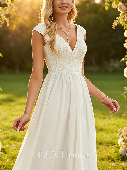 A-line Timeless V-Neck Floor-Length Lace Chiffon Wedding Dress