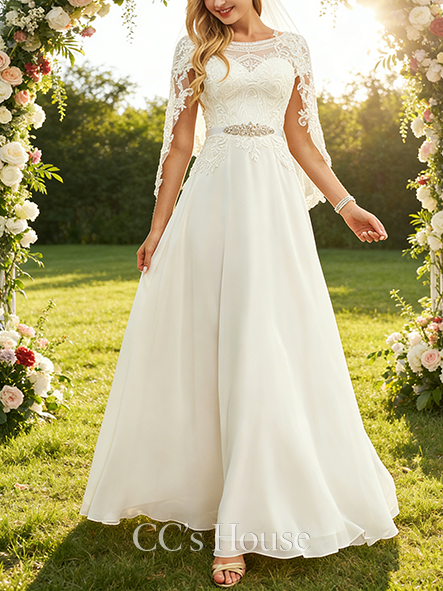 A-line Shimmering Scoop Floor-Length Lace Chiffon Wedding Dress With Sequins