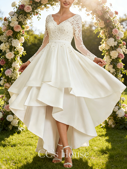 A-line Chic V-Neck Asymmetrical Satin Lace Wedding Dress