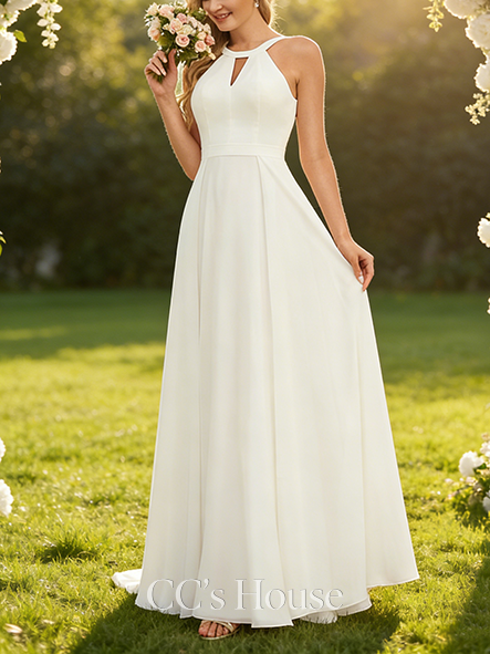 A-line Delicate Scoop Floor-Length Chiffon Wedding Dress