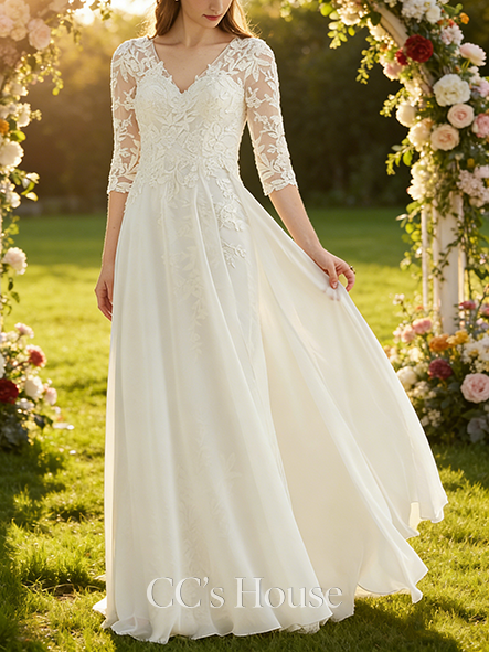 A-line Classic V-Neck Floor-Length Lace Chiffon Wedding Dress