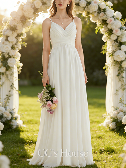 A-line Dreamy V-Neck Floor-Length Pleated Chiffon Wedding Dress
