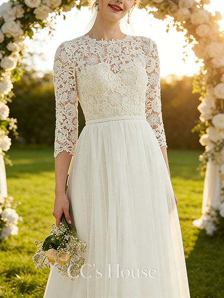 A-line Airy Scoop Sweep Train Tulle Lace Wedding Dress