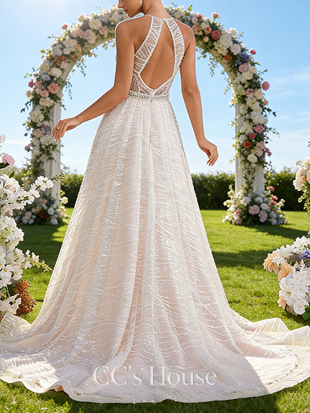 Halter Neck A-Line Bridal Gown - Court Train Lace Wedding Dress with Sparkling Sequins