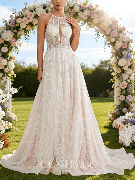Halter Neck A-Line Bridal Gown - Court Train Lace Wedding Dress with Sparkling Sequins