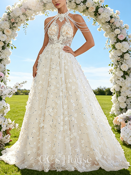 Halter Neck A-Line Bridal Gown - Sweep Train Lace Wedding Dress with Beading and Sparkling Sequins