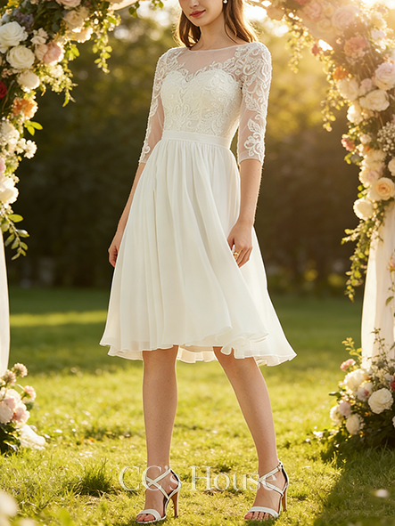 A-line Sparkling Scoop Knee-Length Lace Chiffon Wedding Dress With Sequins