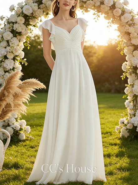A-line Flowy V-Neck Floor-Length Chiffon Wedding Dress With Ruffle