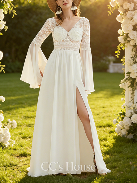 A-line Elegant V-Neck Sweep Train Lace Chiffon Wedding Dress