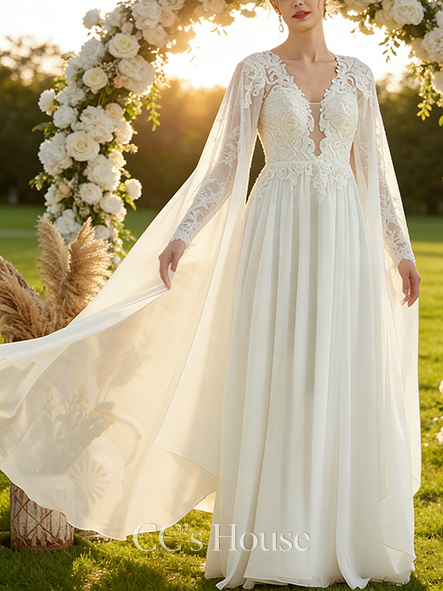A-line Glittering V-Neck Floor-Length Lace Chiffon Wedding Dress With Sequins