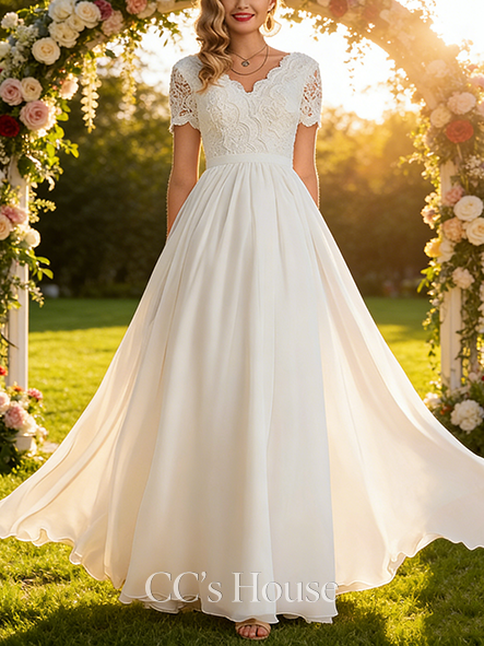 A-line Refined V-Neck Floor-Length Lace Chiffon Wedding Dress