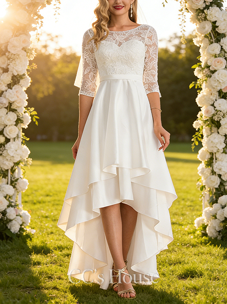 A-line Stylish Scoop Asymmetrical Satin Lace Wedding Dress
