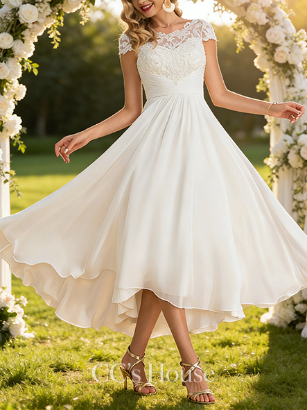 A-line Elegant Scoop Asymmetrical Lace Chiffon Wedding Dress With Cape