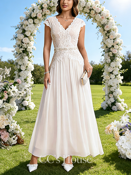 V-Neck A-Line Bridal Gown - Floor-Length Lace Chiffon Wedding Dress with Elegant Cape