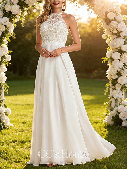 A-line Modest High Neck Floor-Length Lace Chiffon Wedding Dress