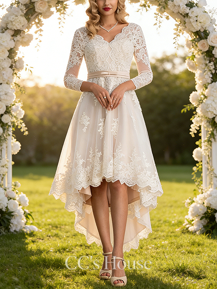 A-line Chic V-Neck Asymmetrical Satin Tulle Lace Wedding Dress