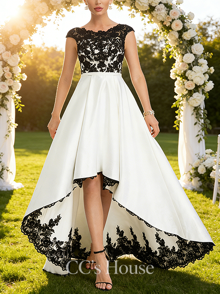 A-line Delicate Scoop Illusion Asymmetrical Satin Lace Wedding Dress