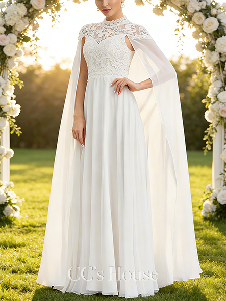 A-line Graceful High Neck Floor-Length Lace Chiffon Wedding Dress