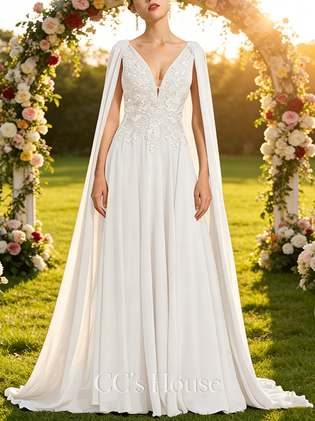 A-line Dazzling V-Neck Sweep Train Lace Chiffon Wedding Dress With Cape Sequins
